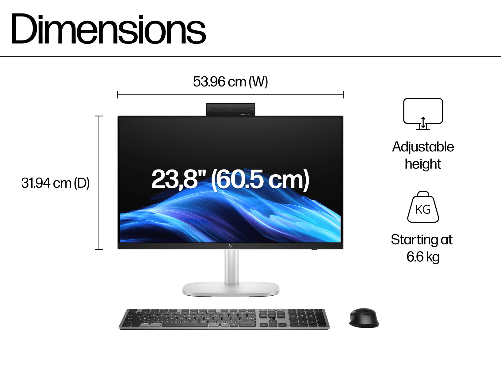 HP EliteStudio 8 All-in-One G1i 23.8 inch Desktop AI PC dimensions