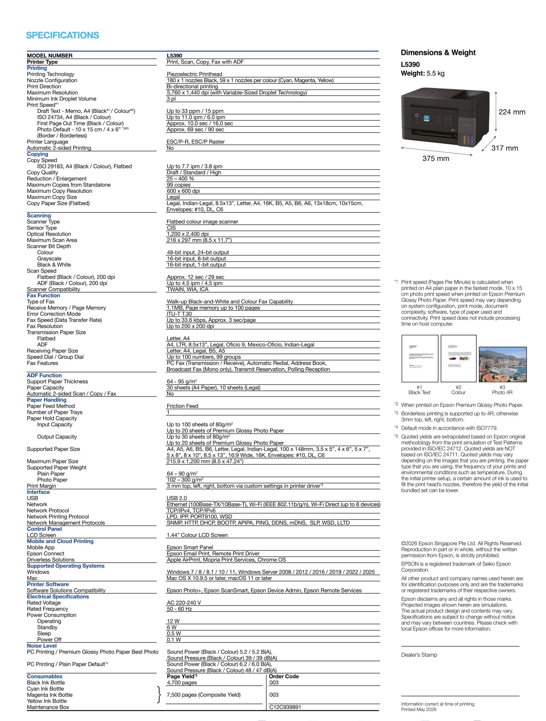 Epson EcoTank L5390 specifications